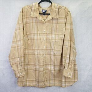 Lands End Button Up Shirt Women 2X 20-22 Brown Plaid Cotton Long Sleeve Tab Camp